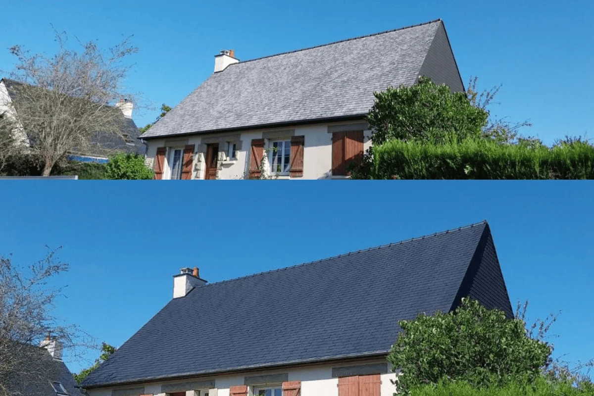 Rénovation de toiture à Bruz : démoussage et hydrofuge pour un toit en fibrociment comme neuf